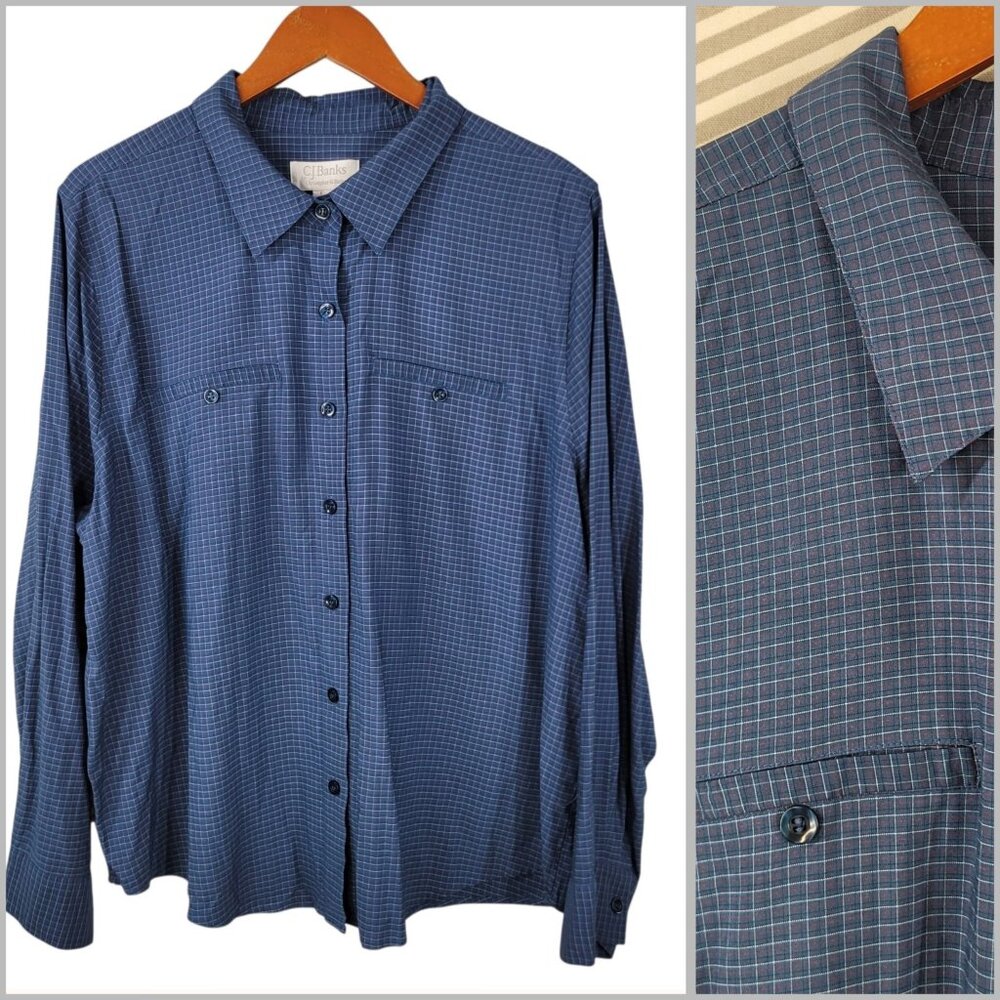 CJ Banks Button Up Top Plus Size 1X Plaid  Blue Red Pinstrip Professional Career